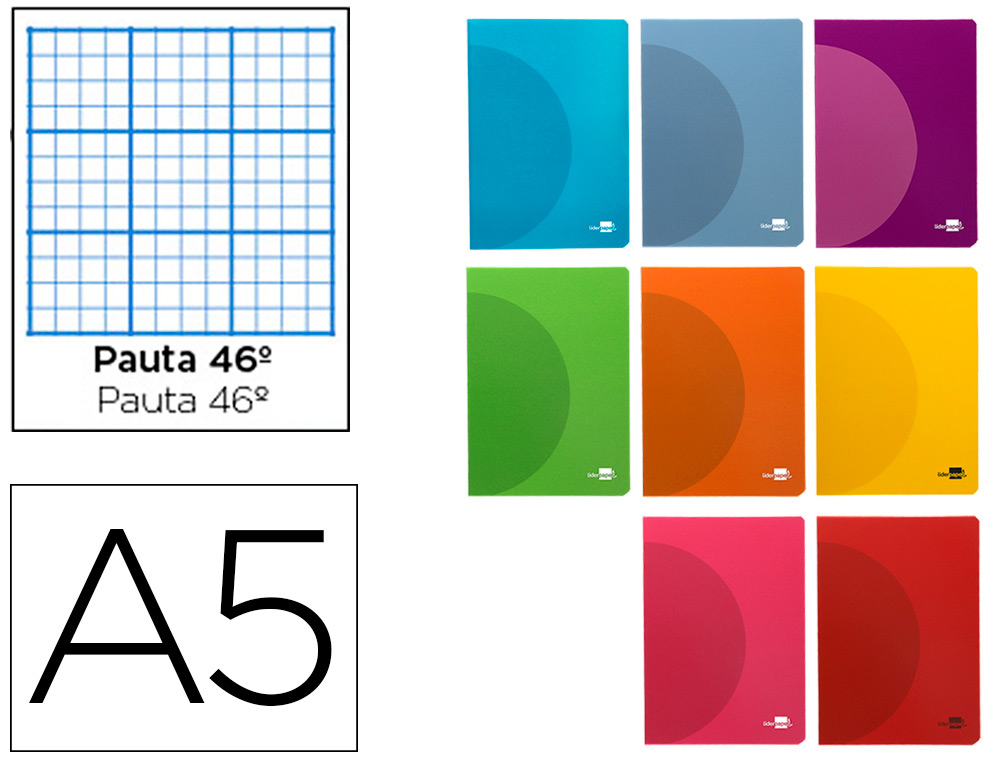 LIBRETA LIDERPAPEL 360 TAPA DE PLASTICO A5 48 HOJAS 90G/M2 RAYADO N46 COLORES SURTIDOS