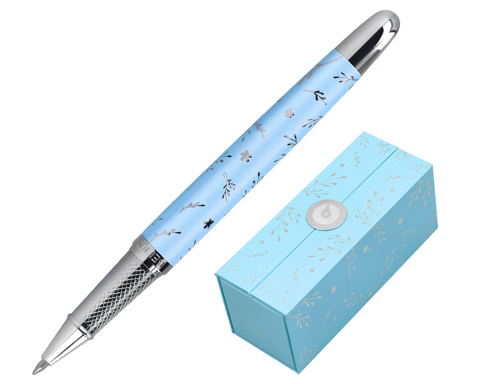 ROLLER BELIUS BELLA ALUMINIO COLOR AZUL CELESTE DISEO PLATEADO RELIEVE TINTA COLOR NEGRO CAJA DE DISEO