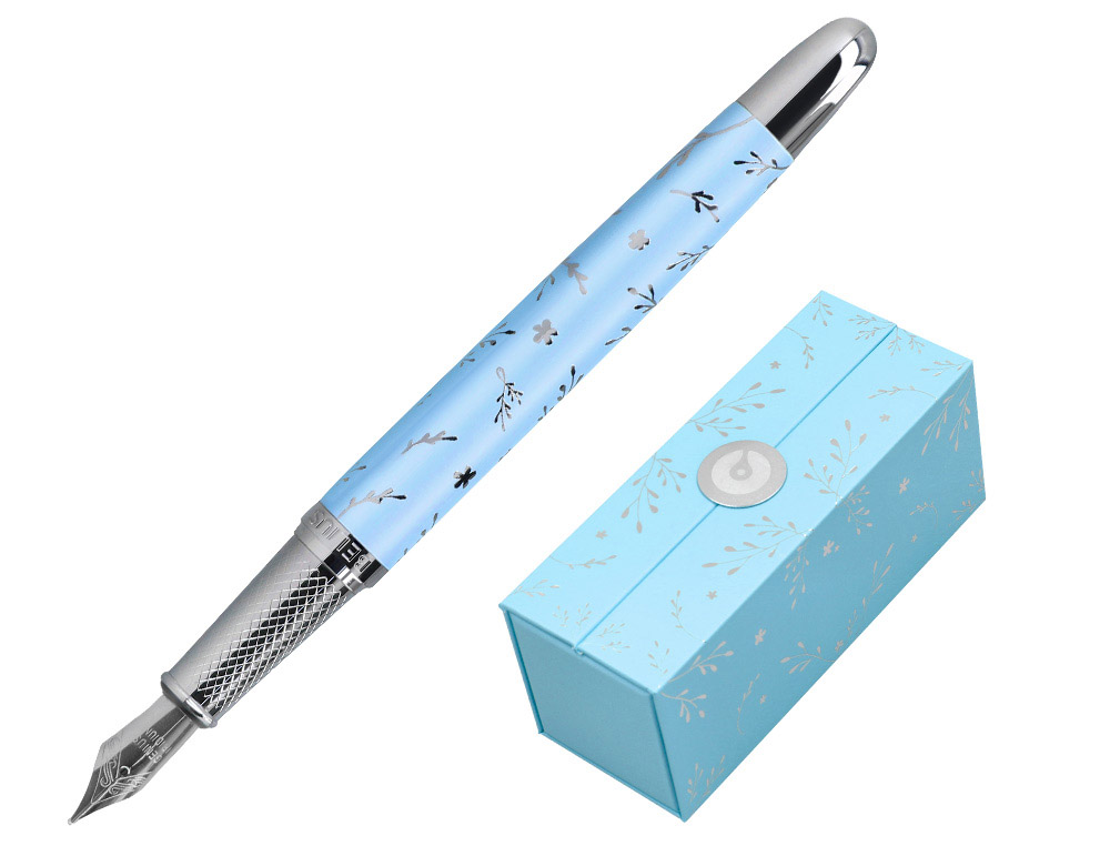 PLUMA BELIUS BELLA ALUMINIO COLOR AZUL CELESTE DISEO PLATEADO RELIEVE TINTA AZUL CAJA DE DISEO