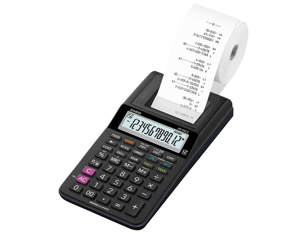 CALCULADORA CASIO IMPRESORA PANTALLA LC PAPEL 58MM HR-8RCE12 DIGITOS AC/DC PILAS COLOR NEGRO