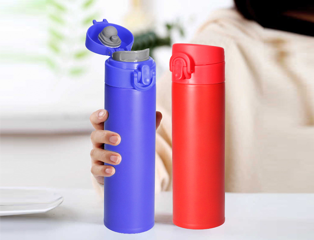 TERMO LIDERPAPEL ACERO INOXIDABLE CON DOBLE COBERTURA Y SISTEMA DE APERTURA FACIL CON BOTON 330 ML