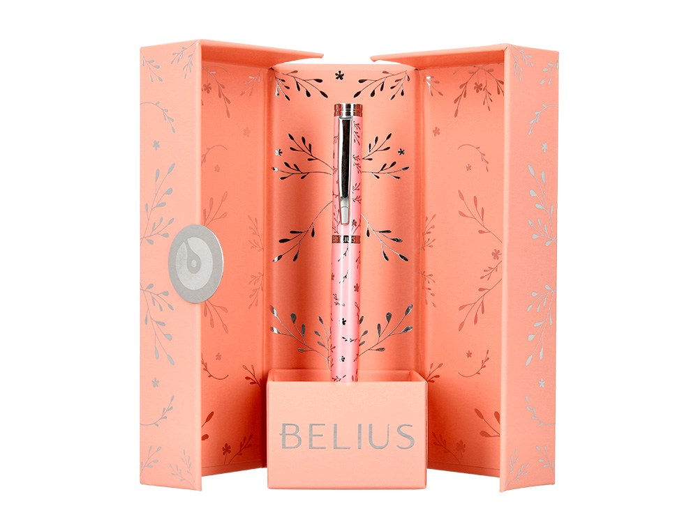 BOLIGRAFO BELIUS BELLA ALUMINIO COLOR ROSA DISEÑO PLATEADO RELIEVE TINTA AZUL CAJA DE DISEÑO