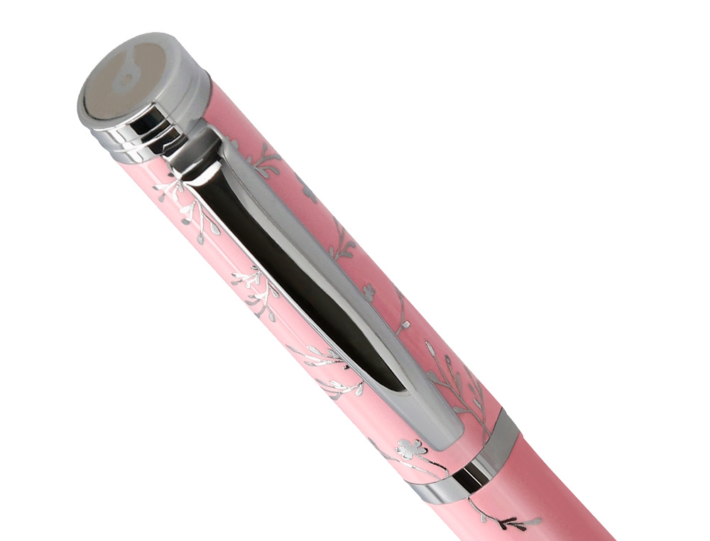BOLIGRAFO BELIUS BELLA ALUMINIO COLOR ROSA DISEÑO PLATEADO RELIEVE TINTA AZUL CAJA DE DISEÑO