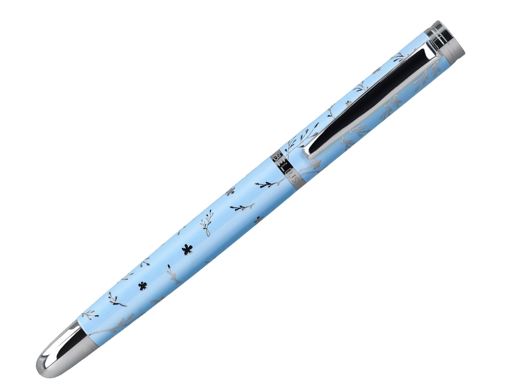 ROLLER BELIUS BELLA ALUMINIO COLOR AZUL CELESTE DISEÑO PLATEADO RELIEVE TINTA COLOR NEGRO CAJA DE DISEÑO