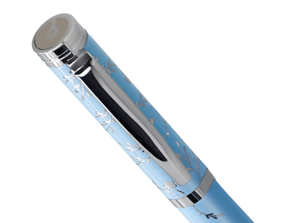 ROLLER BELIUS BELLA ALUMINIO COLOR AZUL CELESTE DISEÑO PLATEADO RELIEVE TINTA COLOR NEGRO CAJA DE DISEÑO