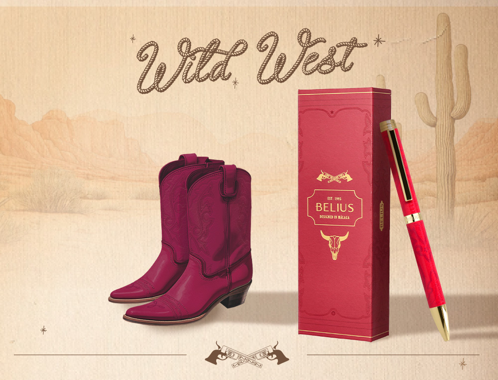 BOLIGRAFO BELIUS WILD WEST ALUMINIO COLOR GRANATE CELESTE DORADO TINTA COLOR AZUL CAJA DE DISEÑO