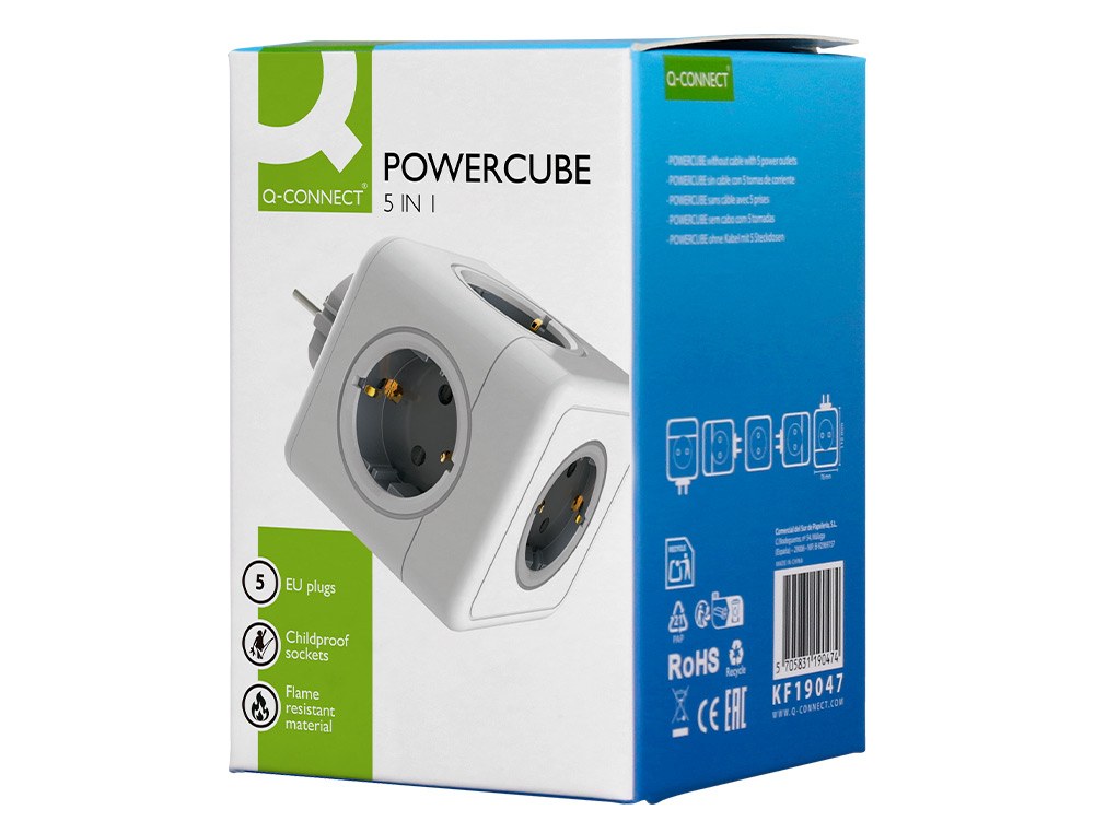 REGLETA Q-CONNECT DE CUBO ENCHUFE MULTIPLE POWER CUBE 5 EN 1 DIRECTO A PARED 5 TOMAS DE CORRIENTE 75X75X112MM
