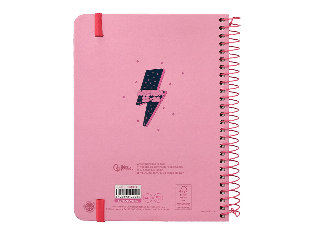 AGENDA ESCOLAR LIDERPAPEL 25-26 ESPIRAL PATTERNS RAYOS ROSA SEMANA VISTA A6 BILINGÜE PAPEL FSC 80 GR
