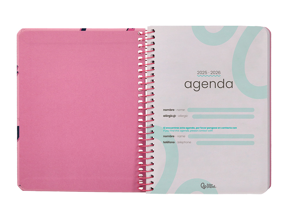 AGENDA ESCOLAR LIDERPAPEL 25-26 ESPIRAL PATTERNS RAYOS ROSA SEMANA VISTA A6 BILINGÜE PAPEL FSC 80 GR