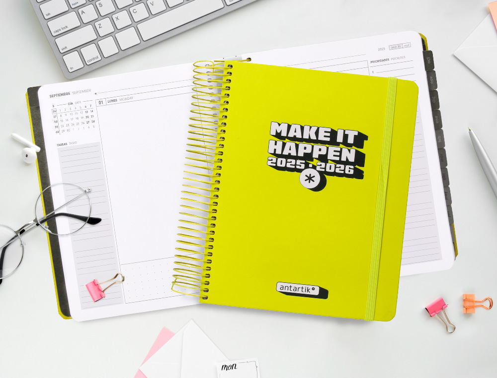 AGENDA ESCOLAR ANTARTIK 25-26 ESPIRAL NEON AMARILLO DIA PAGINA A5 BILINGÜE PAPEL FSC 80 GR