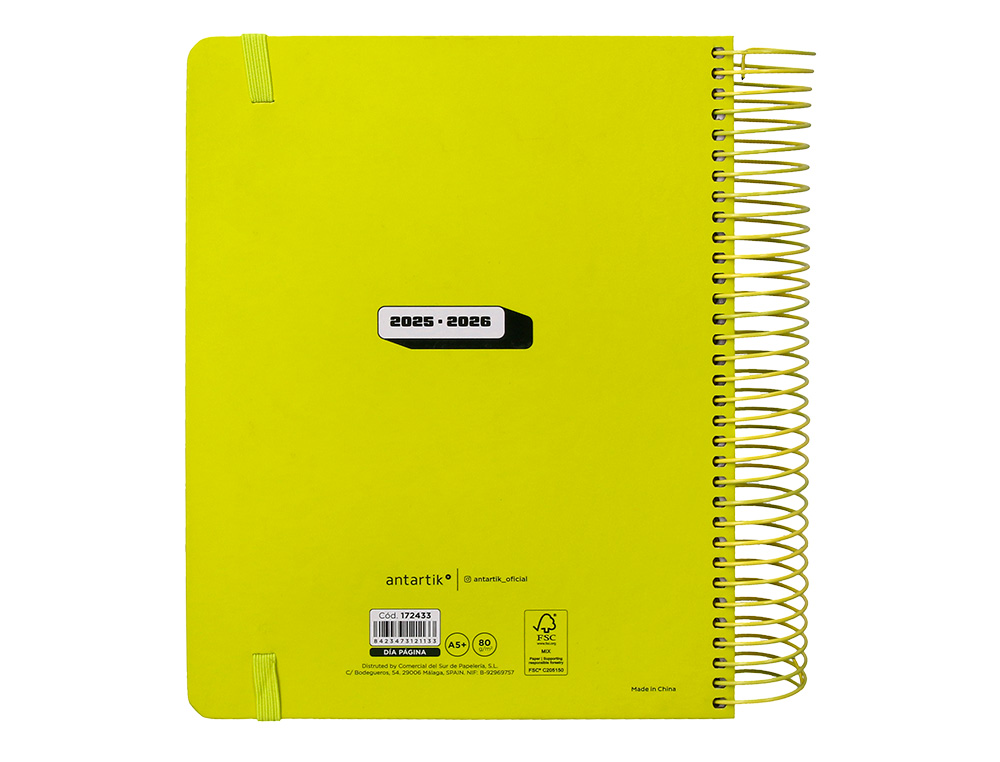 AGENDA ESCOLAR ANTARTIK 25-26 ESPIRAL NEON AMARILLO DIA PAGINA A5 BILINGÜE PAPEL FSC 80 GR